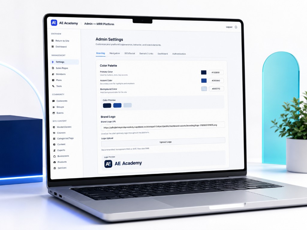 Community owner admin branding settings for AE Academy on The Community Site