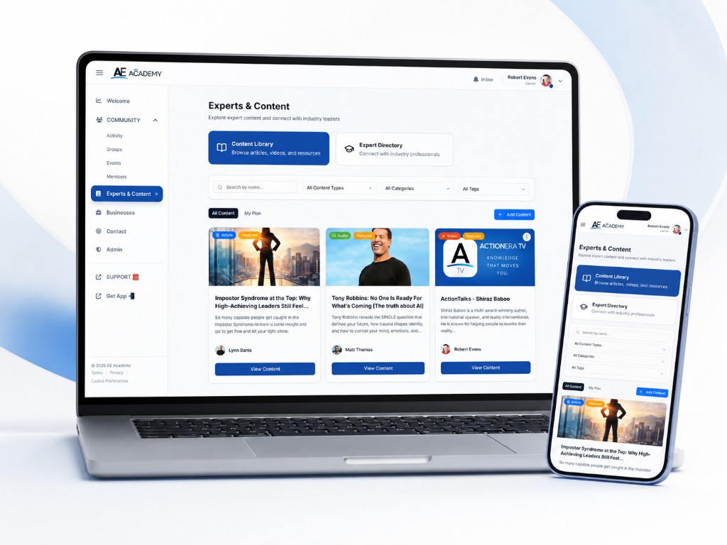 AE Academy Experts and Content library on desktop and mobile